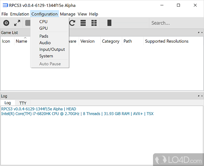 Configuration 菜单展开,可见 CPU、GPU、Pads 等全部设置入口